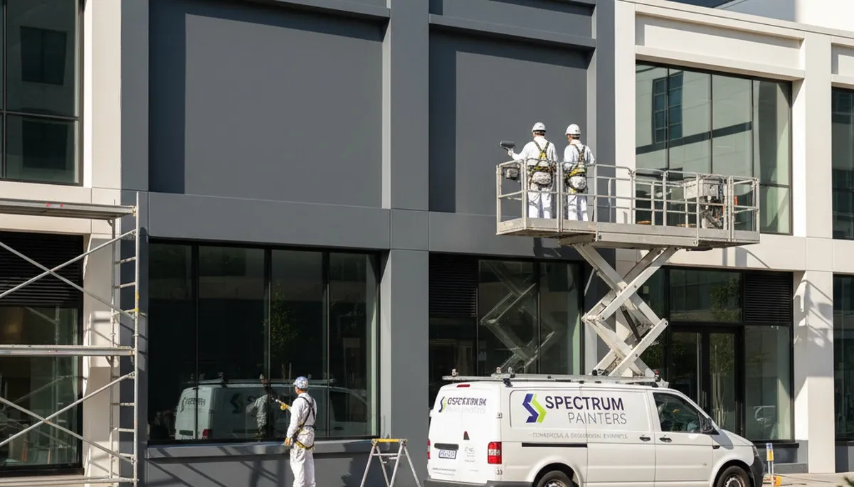 Professional commercial painters working on business exterior in Des Moines, IA