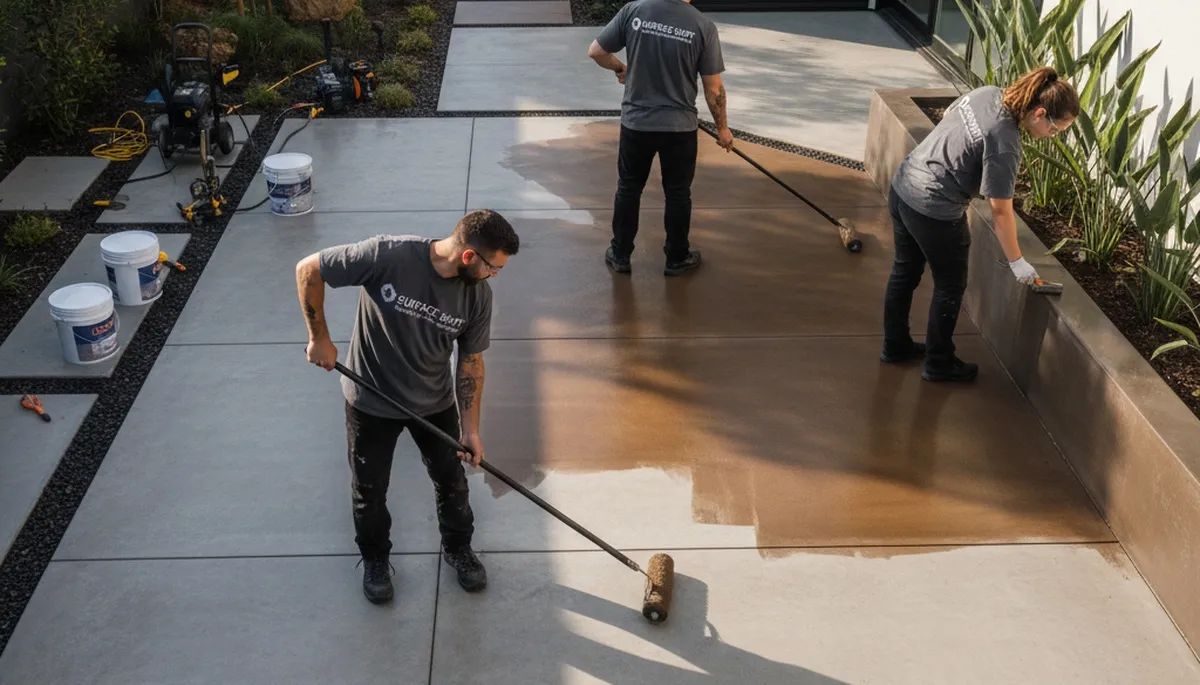 Professional concrete staining on residential garage floor in Des Moines, IA by expert painters