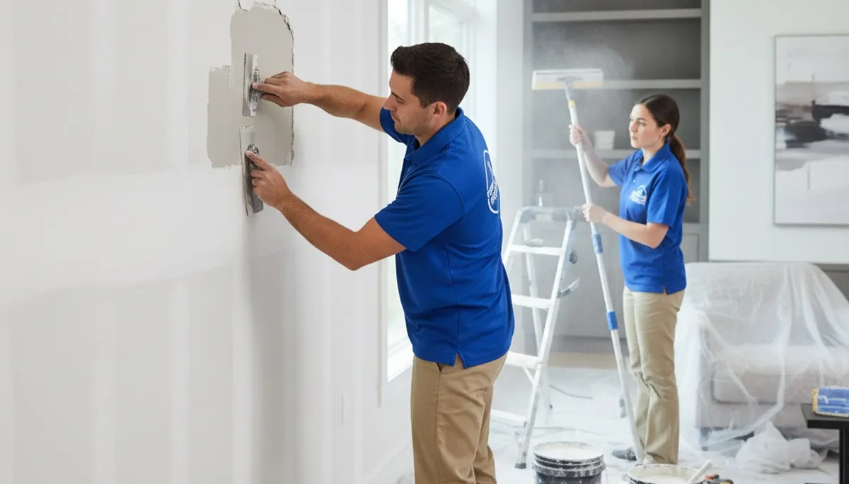 Drywall repair expert fixing wall cracks in Des Moines, IA home for smooth, paint-ready finish