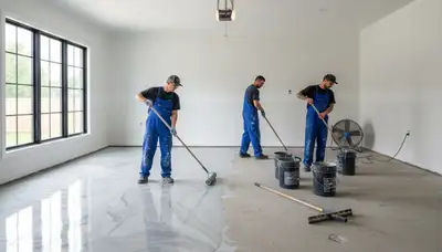 Professional epoxy floor coating in a Des Moines IA garage by local house-painting experts