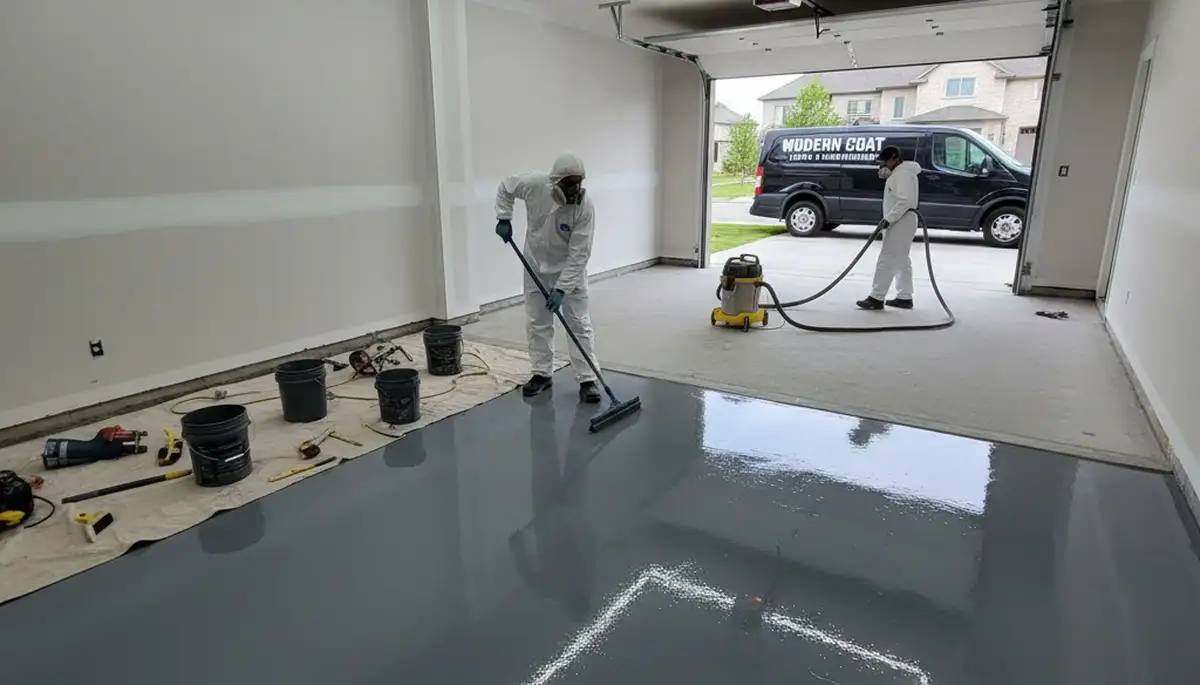 Professional epoxy floor coating installation in Des Moines, IA for durable garage and basement floors