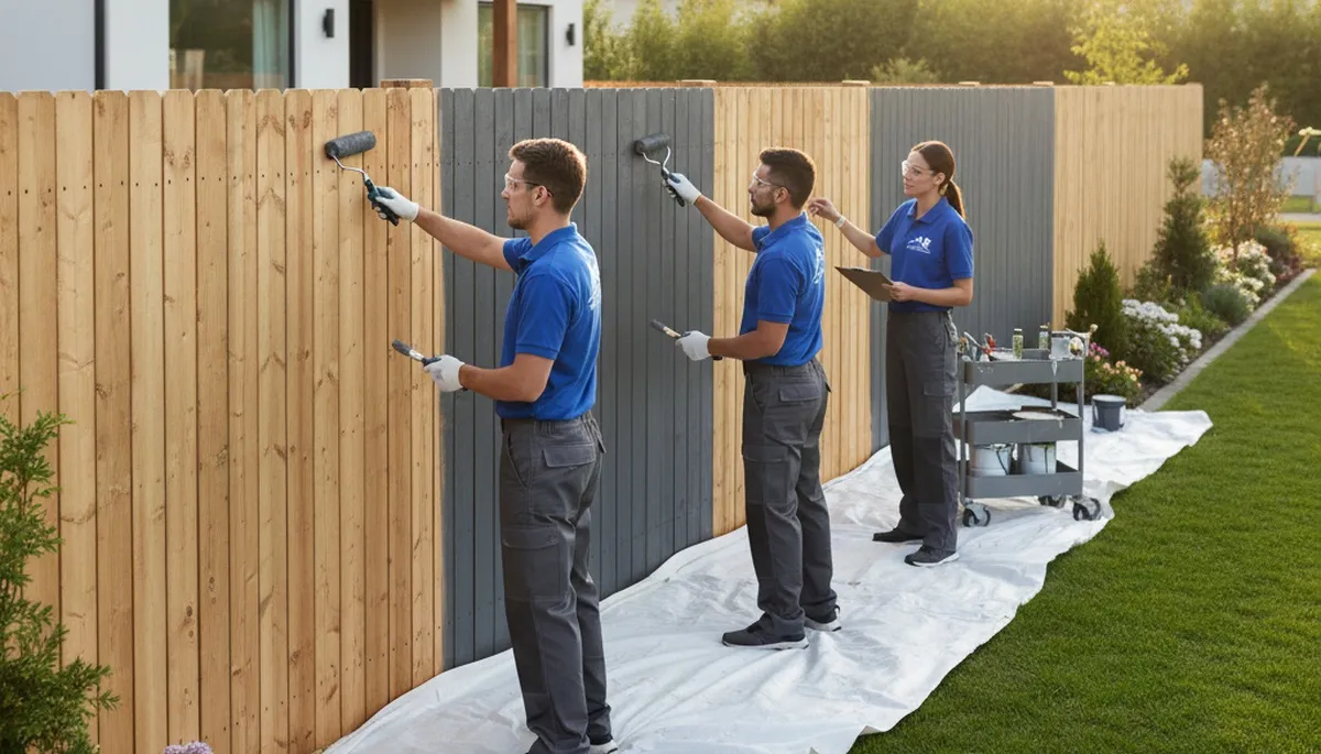 Professional fence painters staining wooden fence in Des Moines, IA for long-lasting weather protection