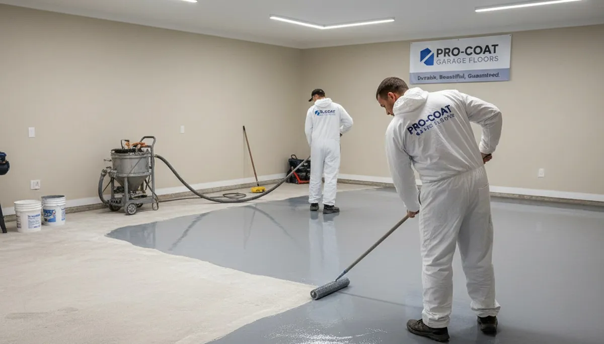 Professional garage floor epoxy coating in Des Moines, IA with durable, glossy finish