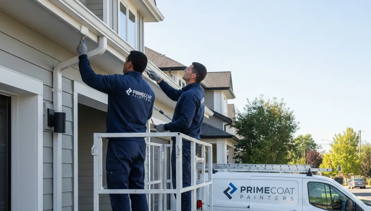 Professional gutter painting on a Des Moines IA home by expert house painters