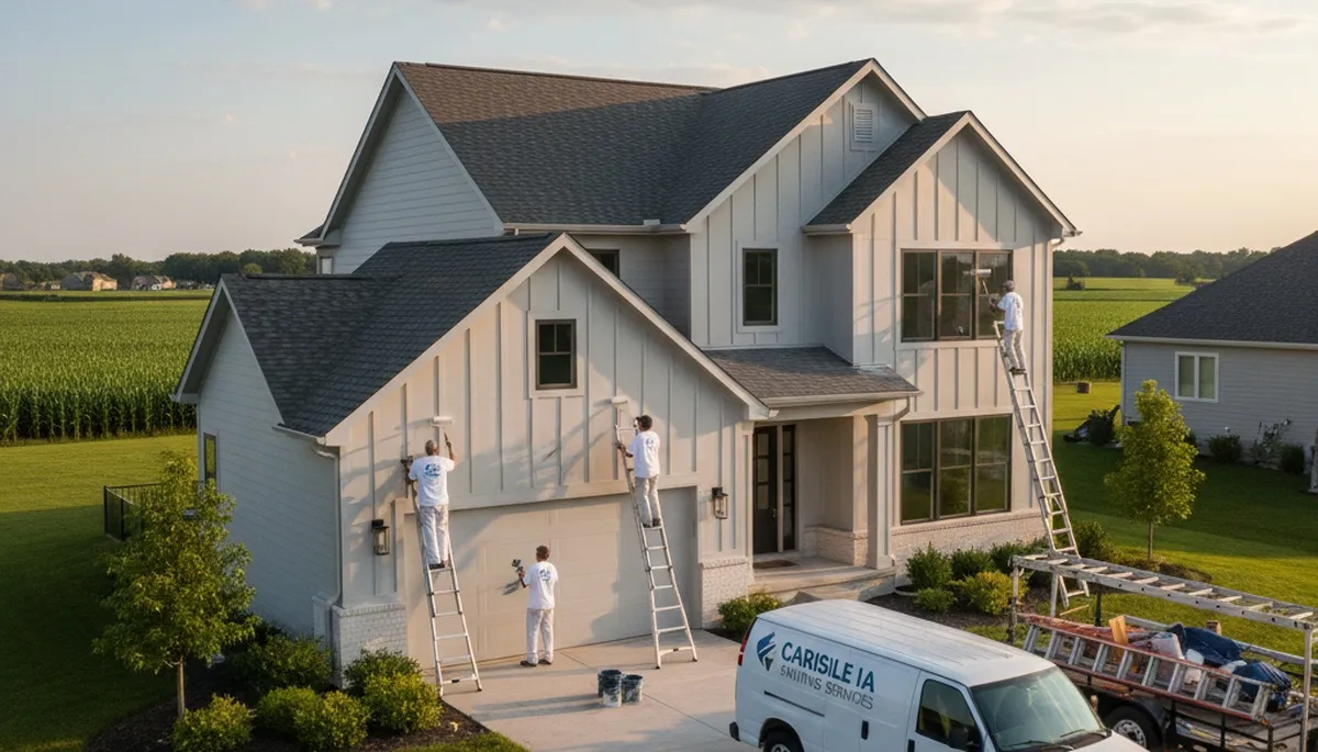 Professional house painters working on residential exterior in Des Moines, IA