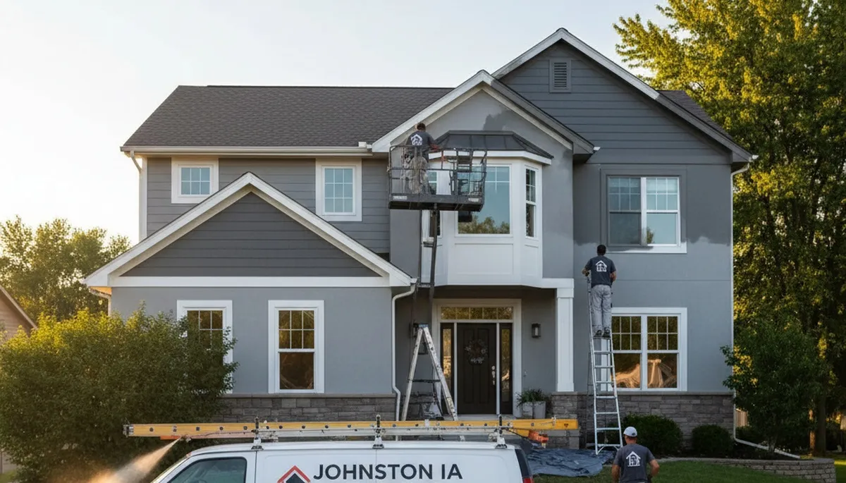 Professional house painters working on residential exterior in Des Moines, IA