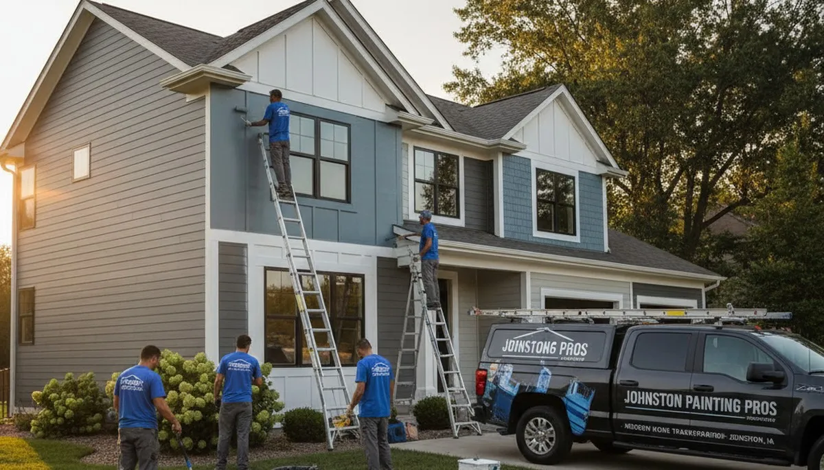 Professional house painters working on exterior home in Des Moines, IA