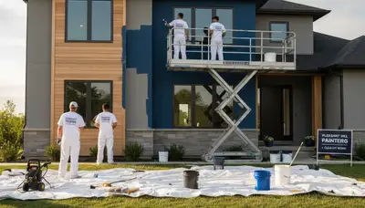 Professional house painters working on residential exterior in Des Moines, IA