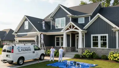 Professional house painters in Des Moines IA applying fresh exterior paint to a residential home