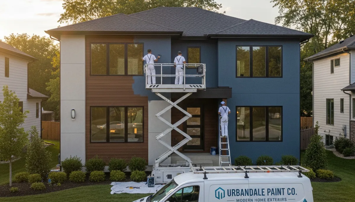 Professional house painters working on exterior home in Des Moines, IA