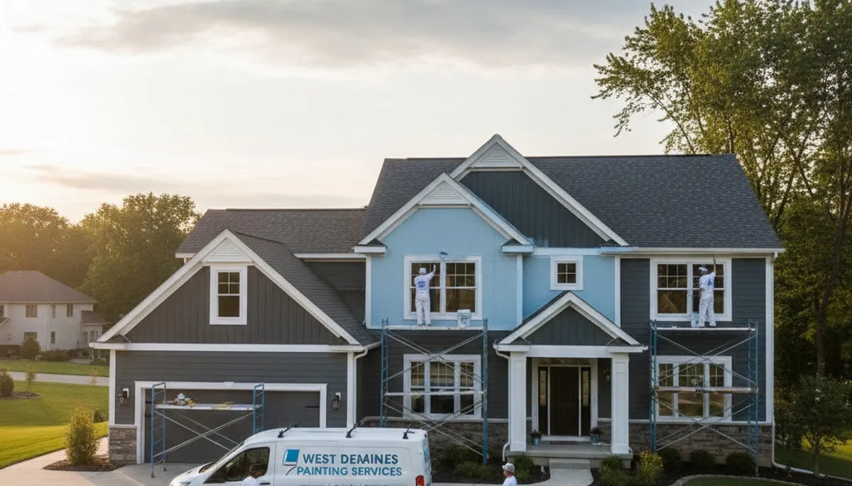 Professional house painters improving home exterior in Des Moines, IA
