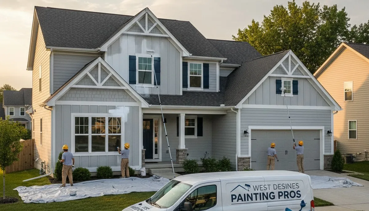 Professional house painters working on residential exterior in Des Moines, IA