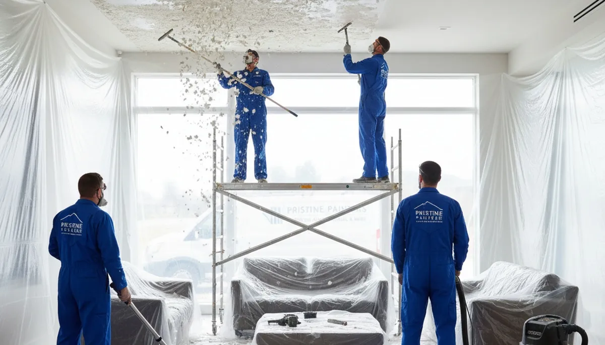 Professional popcorn ceiling removal in Des Moines, IA creating smooth, modern interior finishes