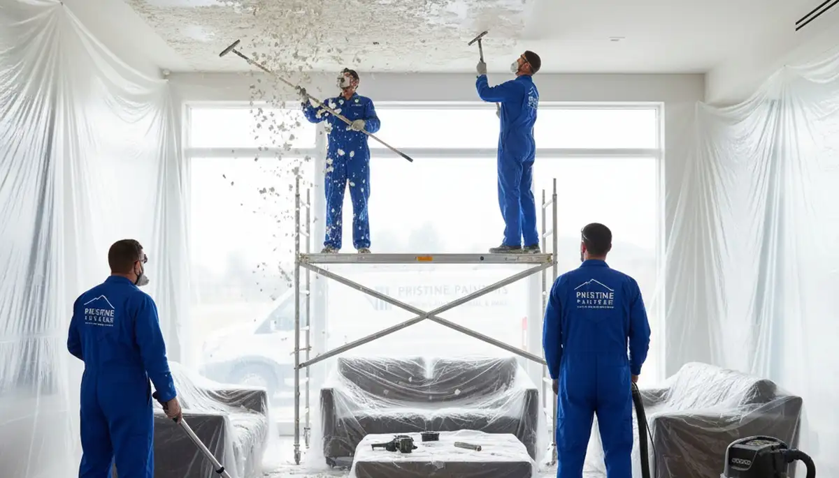 Professional popcorn ceiling removal in Des Moines, IA creating smooth, modern interior finishes