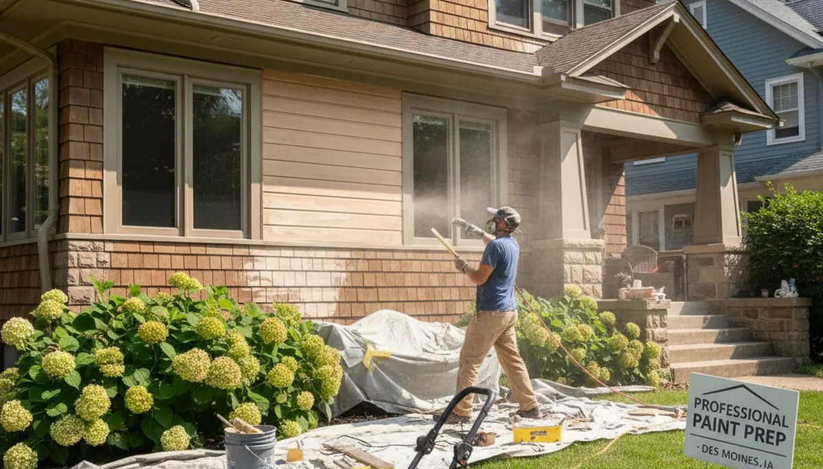 Professional painters prepping exterior surface for painting in Des Moines, IA homes