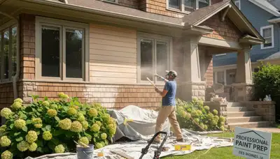 Professional painters prepping exterior surface for painting in Des Moines, IA homes