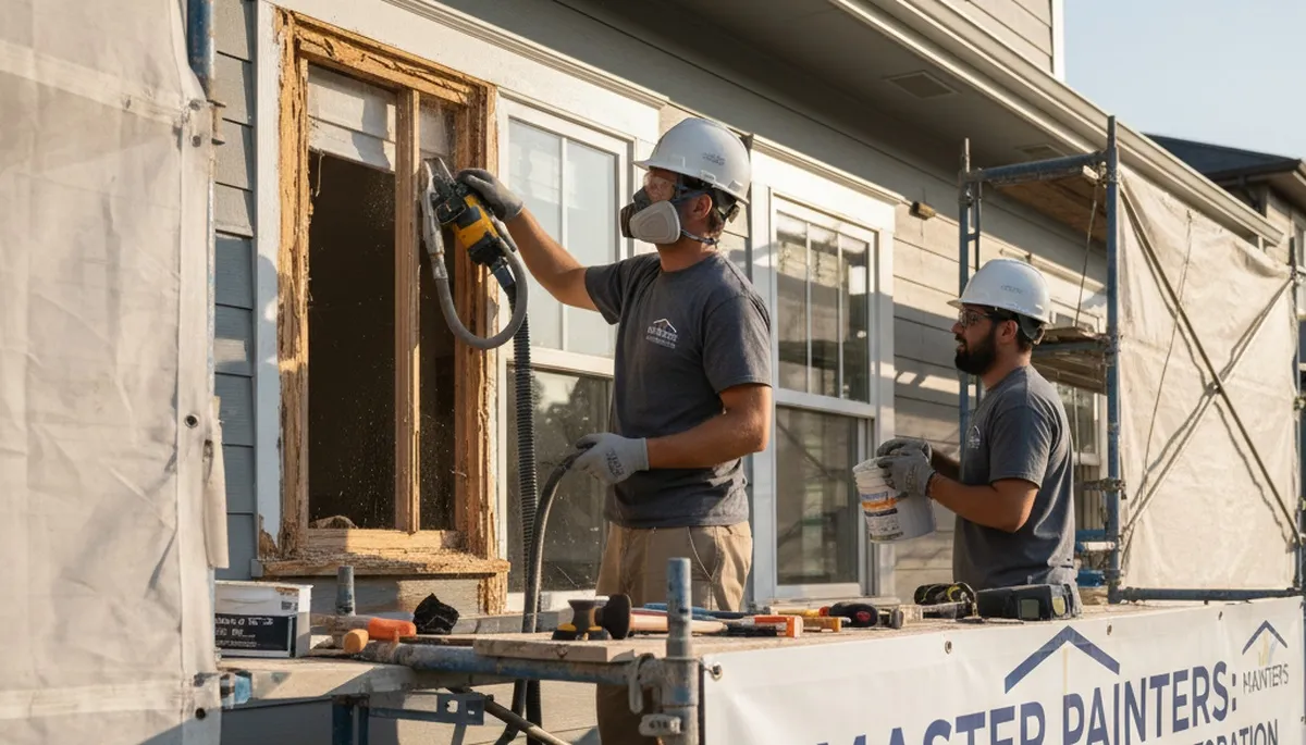 Professional wood rot repair on home exterior by house painters in Des Moines, IA